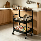 3 Tier Rolling Cart with Walnut Table Top, Sturdy Metal Storage Cart with Lockable Wheels, Multi-Purpose Mobile Shelf for Kitchen, Bedroom, Snacks, Coffee, Craft, Makeup, Garage (Black)
