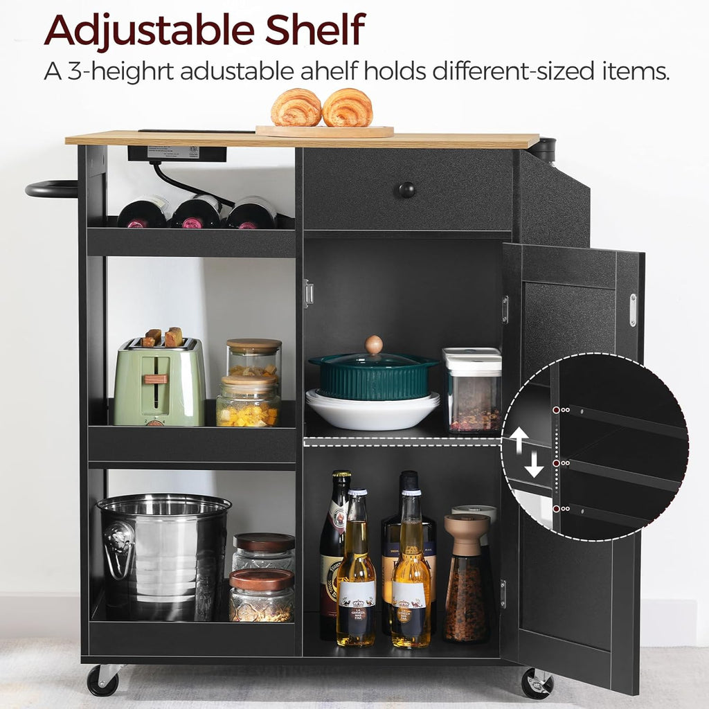 MAHANCRIS Kitchen Island with Power Outlet, Kitchen Storage Island with Drawer, Rolling Kitchen Cart on Wheels, Spice Rack, Towel Rack, Wine Rack, for Dining Room, Black and Natural KIHN122E01