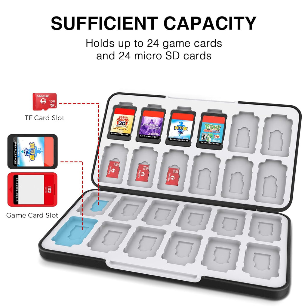 HEIYING Switch Game Card Case for Switch 2 & OLED & Lite,Portable Black Memory Storage Holder with 24 Game Card Slots and 24 Micro SD Cards Slots for Easy carrying