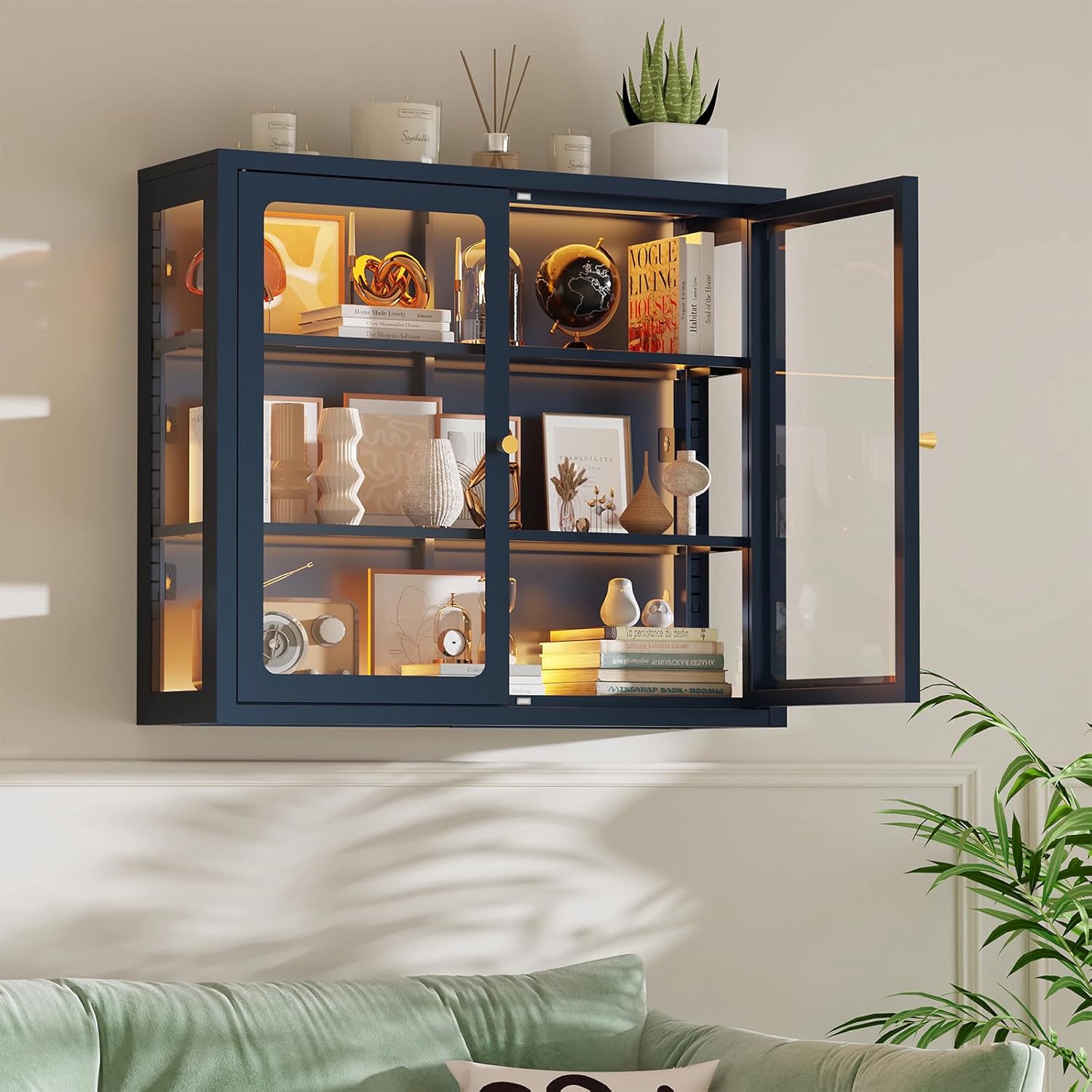Bathroom Wall Cabinet with 13-Color Light, Wall Mounted 3-Sided Glass Display Cabinet with Adjustable Shelves, Floating Metal Medicine Storage Cabinet for Kitchen Living Room - Blue
