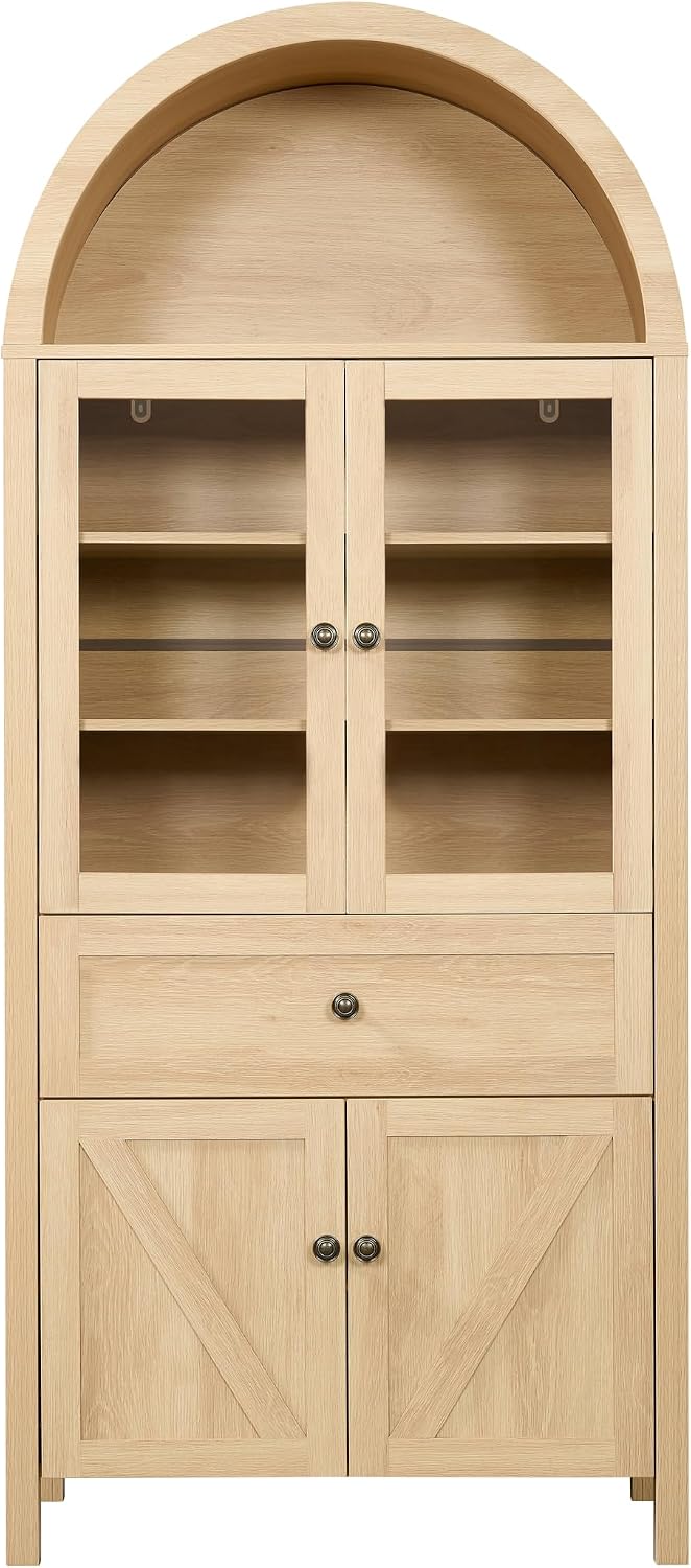 Retro Curved Cabinet, Arched Bookcase with Glass Doors, Natural Wood Display Cabinet with Drawer and Adjustable Shelves, Modern Storage Cabinet for Living Room, Dining Room and Office