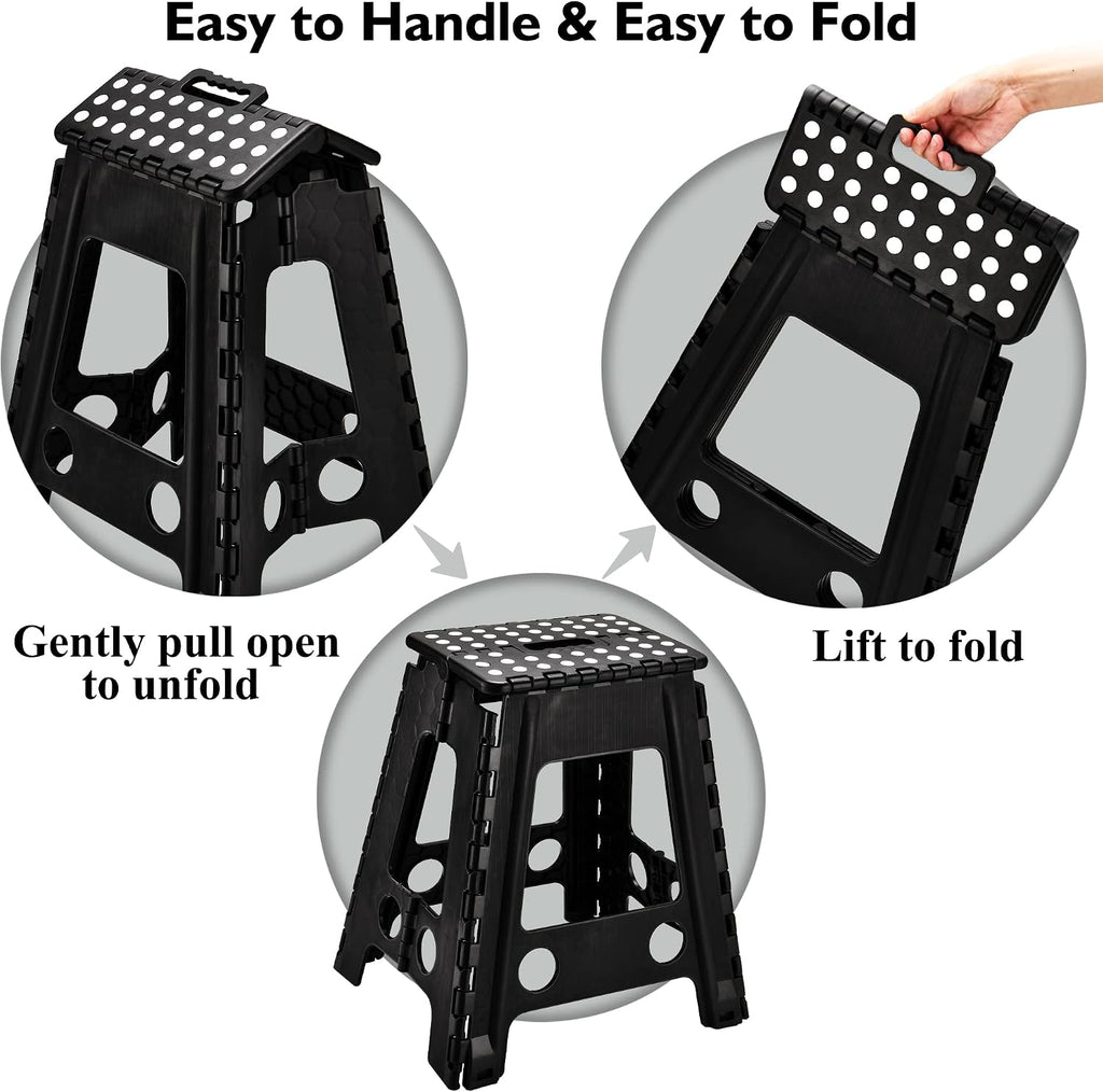 SUGARLEE 18 inch Folding Step Stool Heavy Duty Plastic Foldable Step Stool-Lightweight Foot Stool with Portable Handle, Compact Plastic Foldable Step Stool for Bathroom,Bedroom, Kitchen（Black