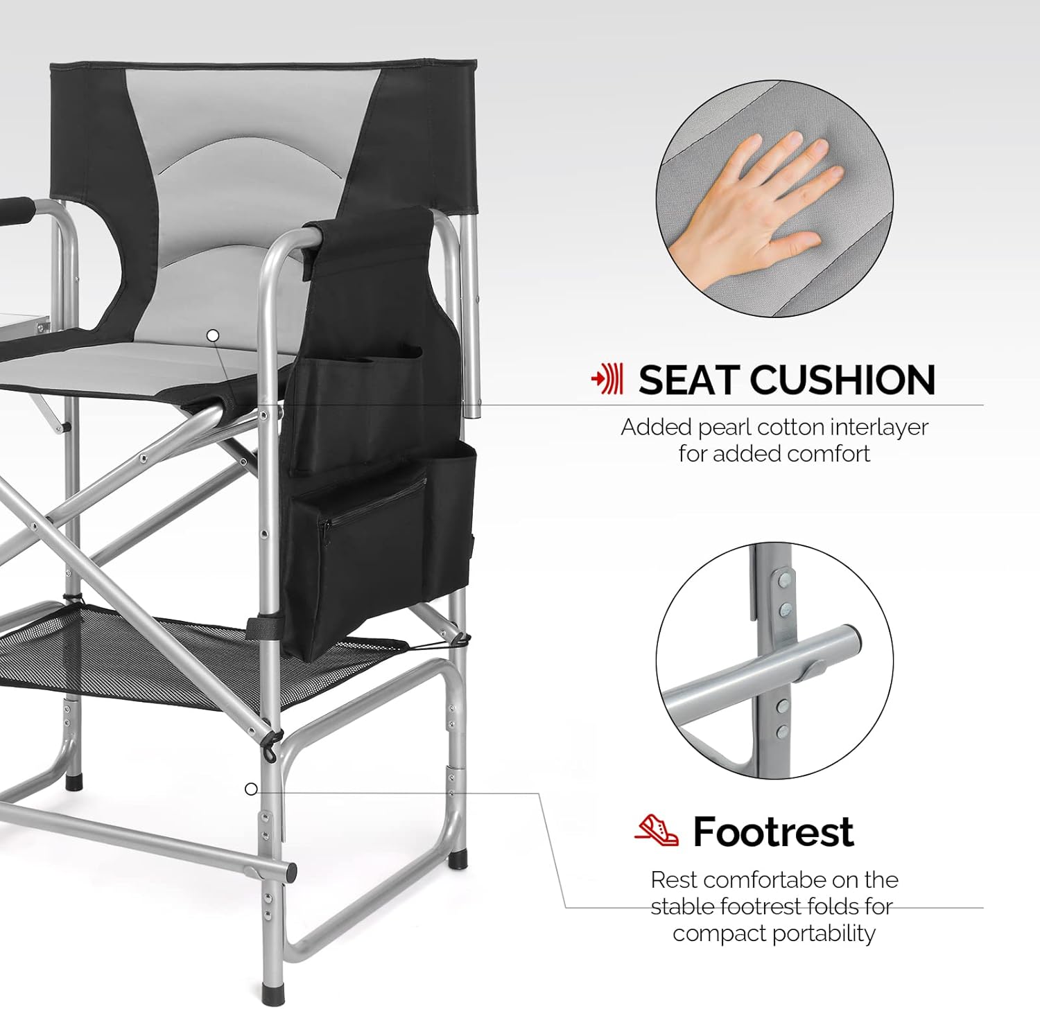 mefeir Tall Camping Chair Makeup Artist Director Chair 26" Counter Height, Portable Folding Design with Side Table, Cup Holder & Side Storage Bag, Heavy-Duty Iron Frame (300 lbs Capacity)