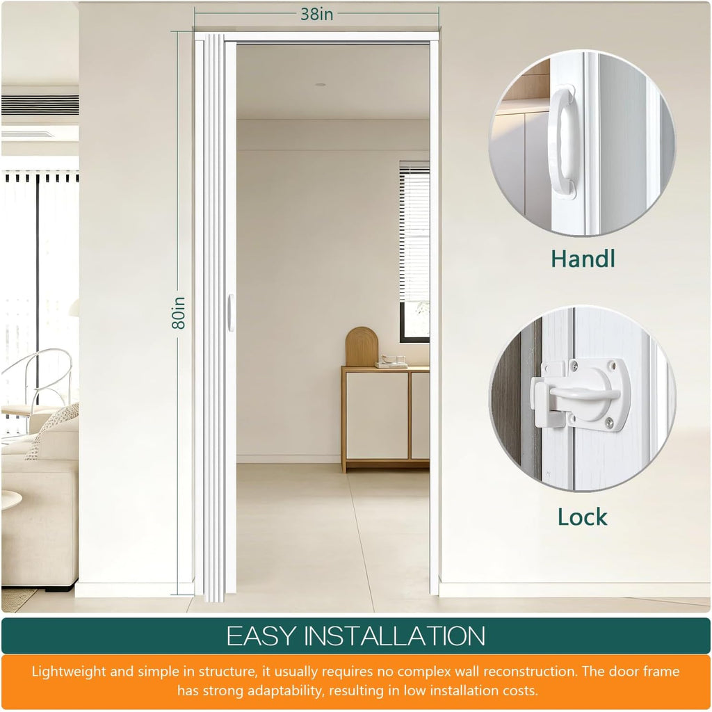 24×80in PVC Internal Accordion Folding Door, Multifold Sliding Door for Closet, White in Color, with Installation Hardware; Handle; Latch.