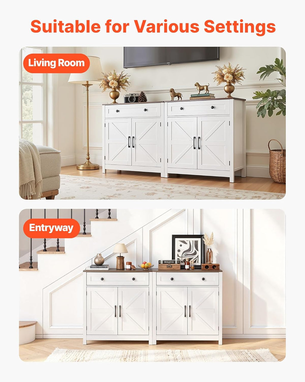 VEVOR Buffet Cabinet, Farmhouse Sideboard Cabinet with Drawer, 30" Coffee Bar Cabinet with Adjustable Shelves & 2 Barn Door, Sideboard Buffet Station for Living Room, Entryway, Kitchen, White