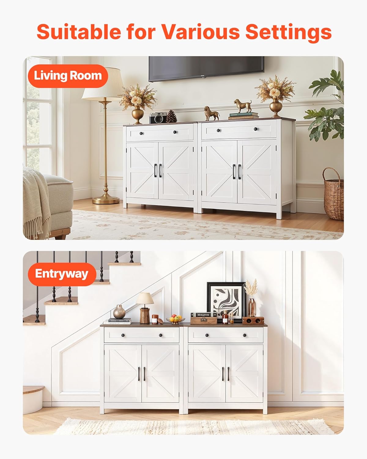 VEVOR Buffet Cabinet, Farmhouse Sideboard Cabinet with Drawer, 30" Coffee Bar Cabinet with Adjustable Shelves & 2 Barn Door, Sideboard Buffet Station for Living Room, Entryway, Kitchen, White