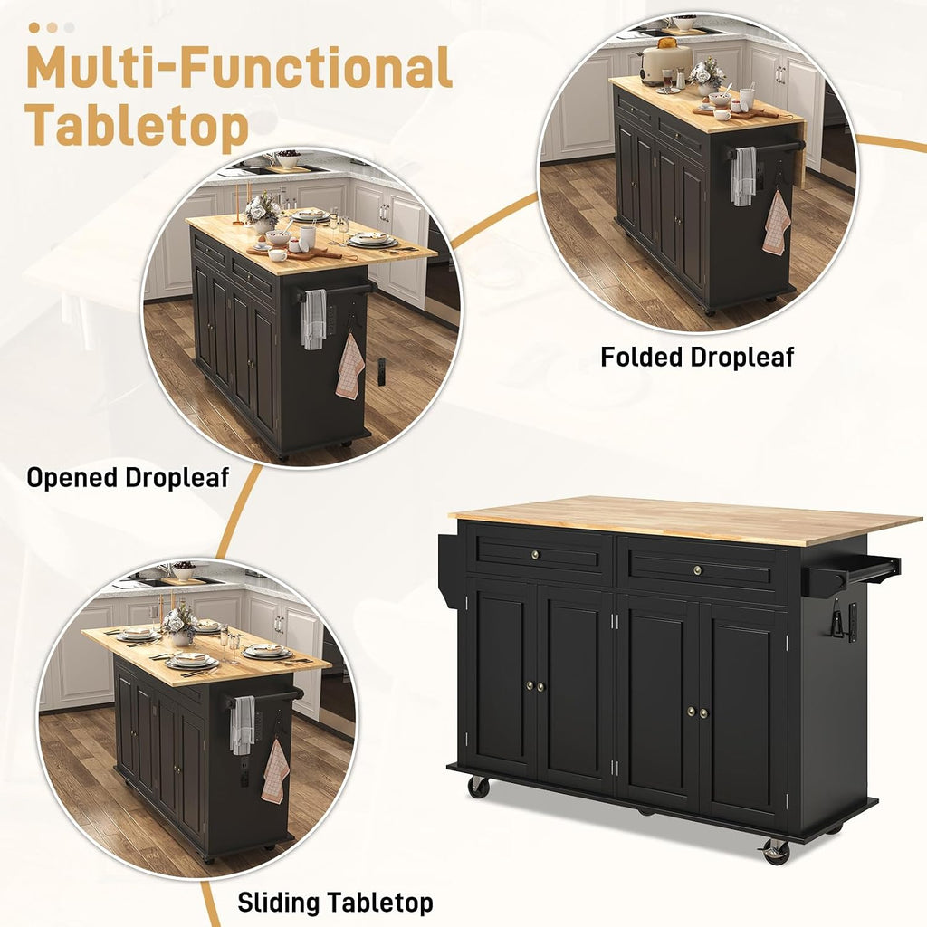 Hlivelood 59.1" Movable Kitchen Island with Drop Leaf and Power Outlet, Rolling Island Cart w/Storage Cabinet, Island Table on Wheels for Kitchen w/2 Drawers, Spice Rack, Towel Bar, Garage Hook, Black