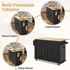 Hlivelood 59.1" Movable Kitchen Island with Drop Leaf and Power Outlet, Rolling Island Cart w/Storage Cabinet, Island Table on Wheels for Kitchen w/2 Drawers, Spice Rack, Towel Bar, Garage Hook, Black