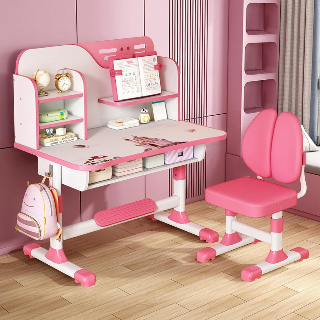 Kids Desk and Chair Set, Study Table and Chair, Desk for Kids, Children's Desks with Golden Distance Design, Homeschooling Writing Desk with Desktop for Boys and Girls (Pink 3)