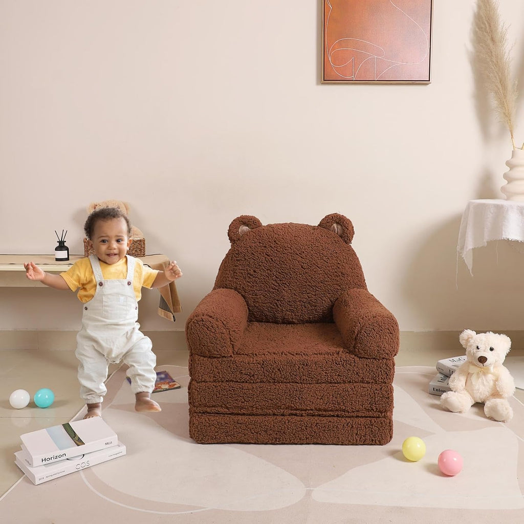 MOMCAYWEX Kids Sofa, Sherpa Couch with Tri-Layer Foam Cushions, Comfy Seating for Kids Age 18 Months and Up, Brown