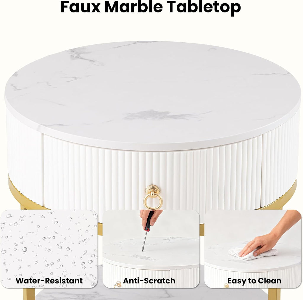 COSIEST Round Side Table with Drawer, Modern Tall Nightstand with Faux Marble Tabletop, 2-Tier Small Round End Table, Wood Bedside Table for Living Room, Bedroom, Dorm, Small Spaces, White and Gold