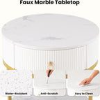 COSIEST Round Side Table with Drawer, Modern Tall Nightstand with Faux Marble Tabletop, 2-Tier Small Round End Table, Wood Bedside Table for Living Room, Bedroom, Dorm, Small Spaces, White and Gold
