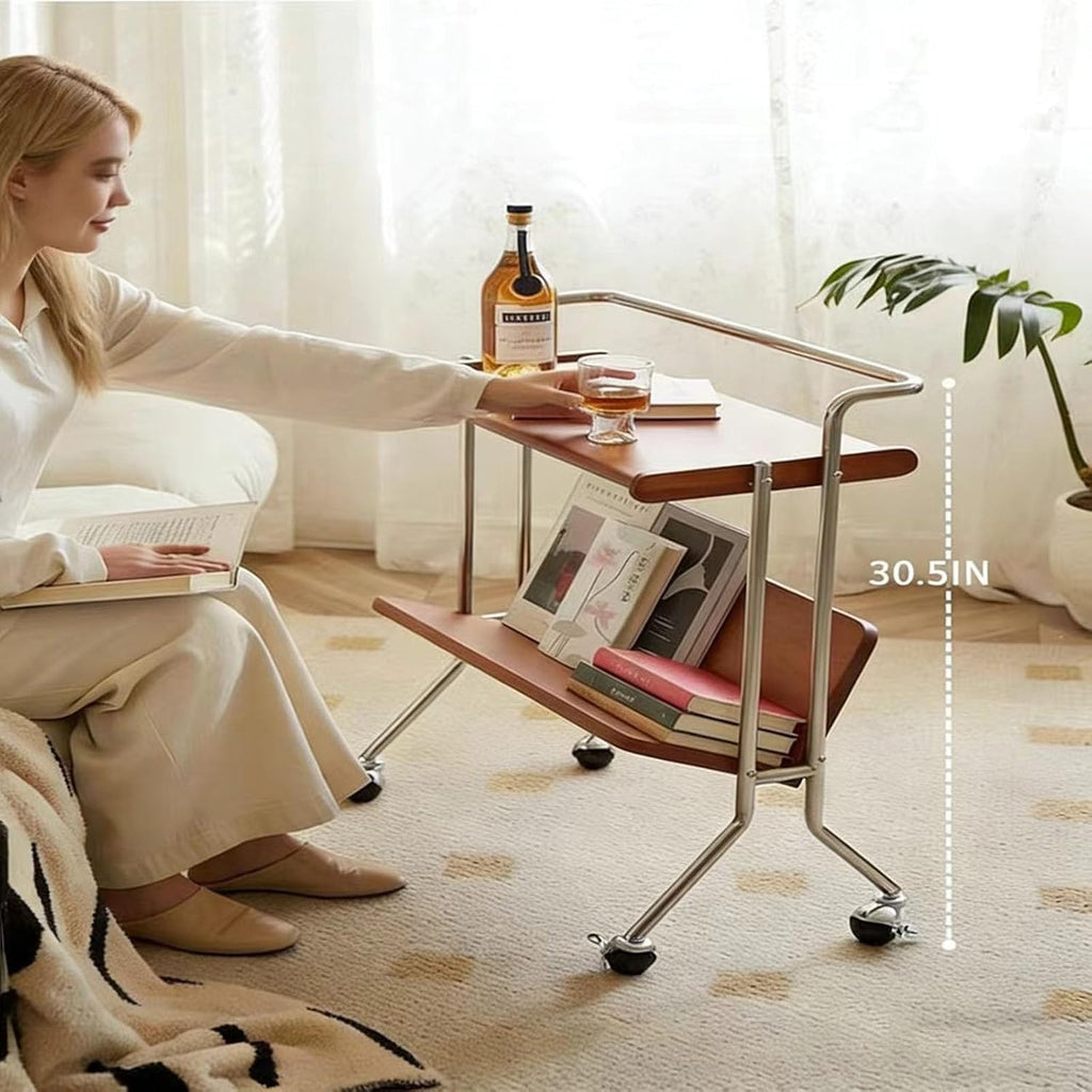 Retro Rolling Side Table, Solid Wood Movable Cart with Storage Shelf, Versatile End Table for Sofa, Bedside, or Living Room (Vintage)