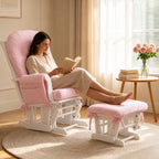 Boshen 5PCS Glider Rocker Replacement Cushions with Ottoman Cover, Tufted High Back & Teddy Plush Rocking Chair Cushion Set, Thickened 3.5'' Glider Cushions with Side Pockets for Indoor Nursery, Pink