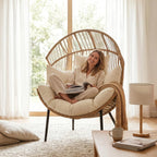 Outdoor Wicker Egg Chair, Oversized Ergonomic Rattan Lounge Rocker with Extra-Soft Pillow and Thick Cushion for Indoor & Outdoor, Living Room, Backyard & Garden – Cream Cushion, Natural Wicker Frame