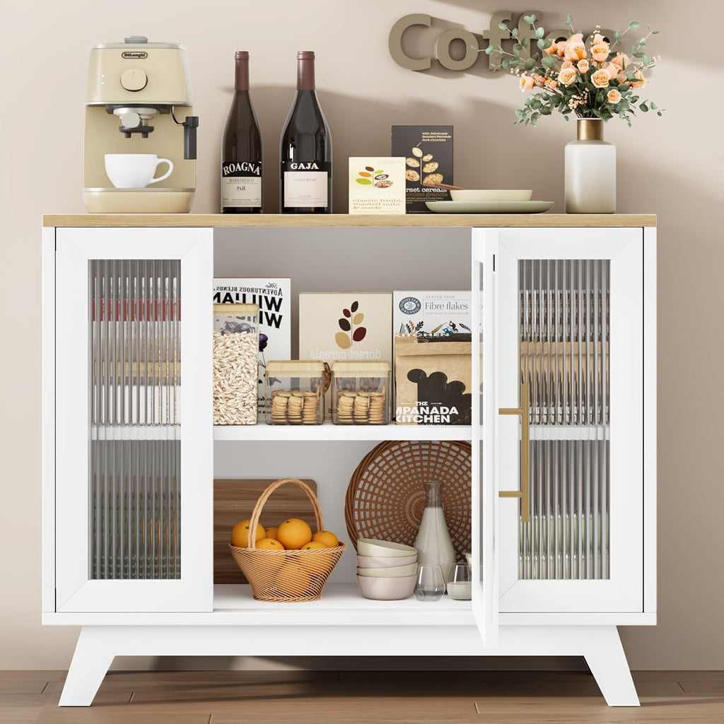 CABIHOME Buffet Cabinet, 36" Sideboard Buffet Storage Cabinet with Adjustable Shelves and Fluted Glass Door, Modern Coffee Bar, Table for Kitchen, Dining Room, Natural