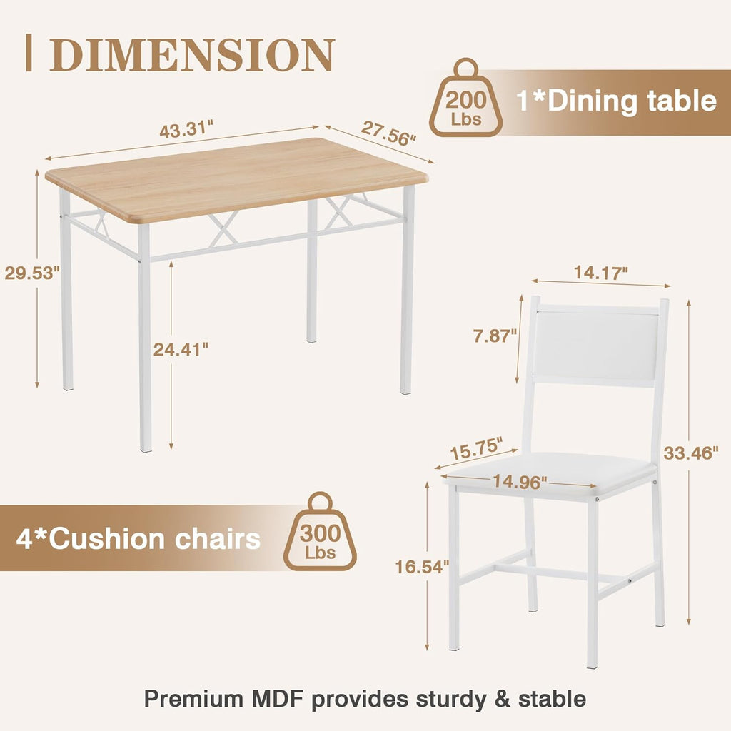 VECELO Dining Table Set for 4 with Chairs, 5-Piece Kitchen Table and Upholstered Padded Chairs Set for Small Space, Dining Room, Apartment, Natural White