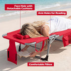 COSTWAY Tanning Chair with Face Hole, Folding Beach Lounge Chair with 4-Position Adjustable Backrest, Pillow & Side Pocket, Foldable Chaise Lounge Chair Outdoor for Sunbathing, Camping (1, Red)