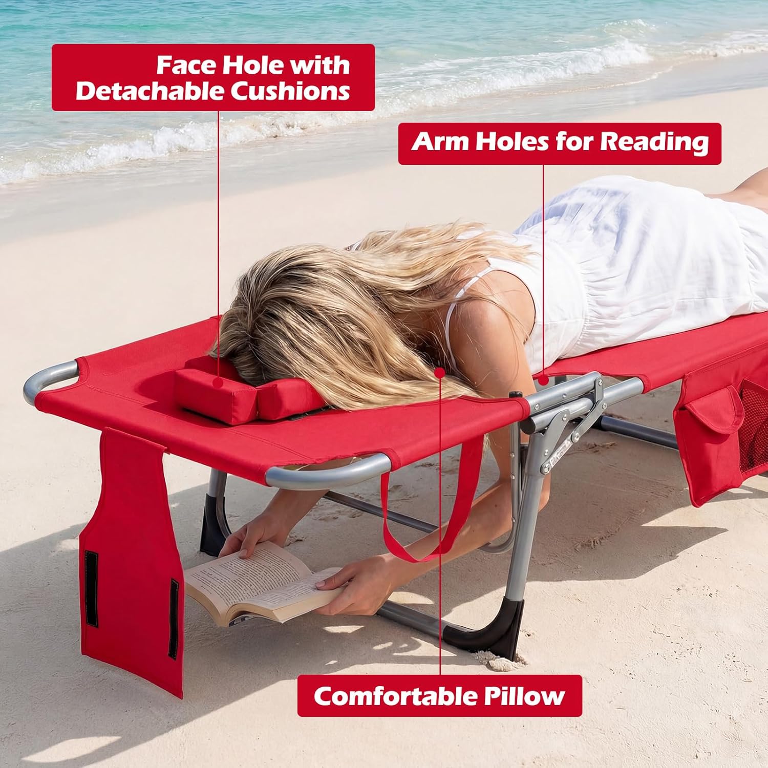 COSTWAY Tanning Chair with Face Hole, Folding Beach Lounge Chair with 4-Position Adjustable Backrest, Pillow & Side Pocket, Foldable Chaise Lounge Chair Outdoor for Sunbathing, Camping (1, Red)