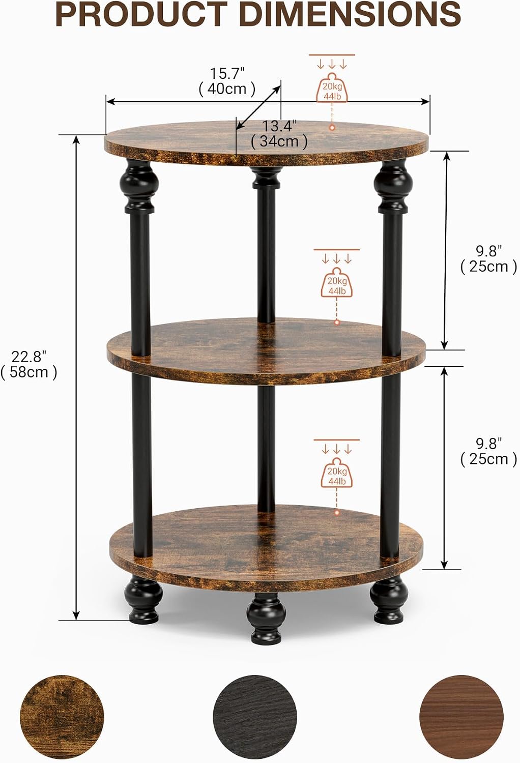 Small Round Side Table - 3 Tier Accent End Table for Narrow Spaces, Sturdy Metal Frame with Wood Finish and 44 Lbs Capacity per Shelf, Nightstand or Bedside Use for Living Room, Rustic Brown