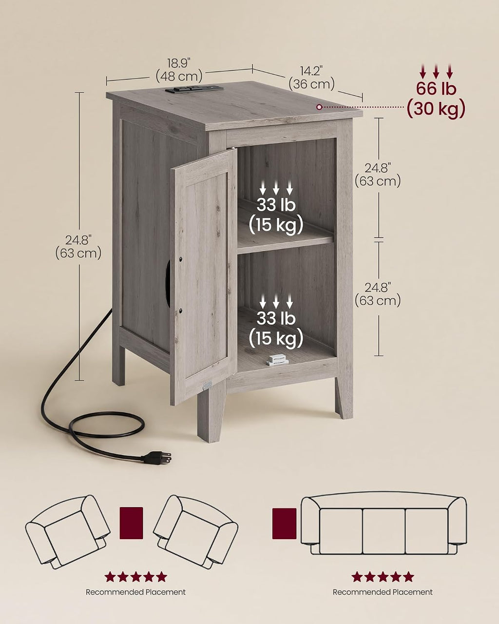 VASAGLE LIRY Collection - End Table with Charging Station, Side Table with Storage Cabinet, Night Stand for Living Room, Bedroom, Home Office, Washed Gray ULET131G101S