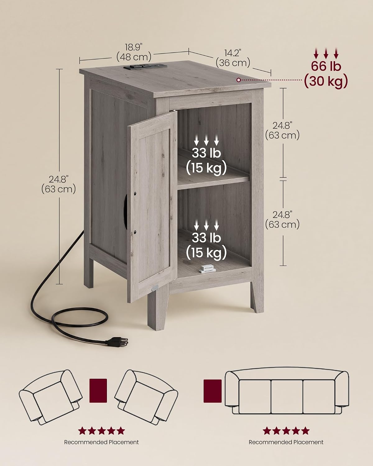 VASAGLE LIRY Collection - End Table with Charging Station, Side Table with Storage Cabinet, Night Stand for Living Room, Bedroom, Home Office, Washed Gray ULET131G101S