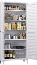 74" H Tall Kitchen Pantry Cabinet with Louvered Doors, Metal Storage Cabinet with 5 Adjustable Shelves, Large Cupboard for Dining Room, Kitchen, Living Room, White, Assembly Required
