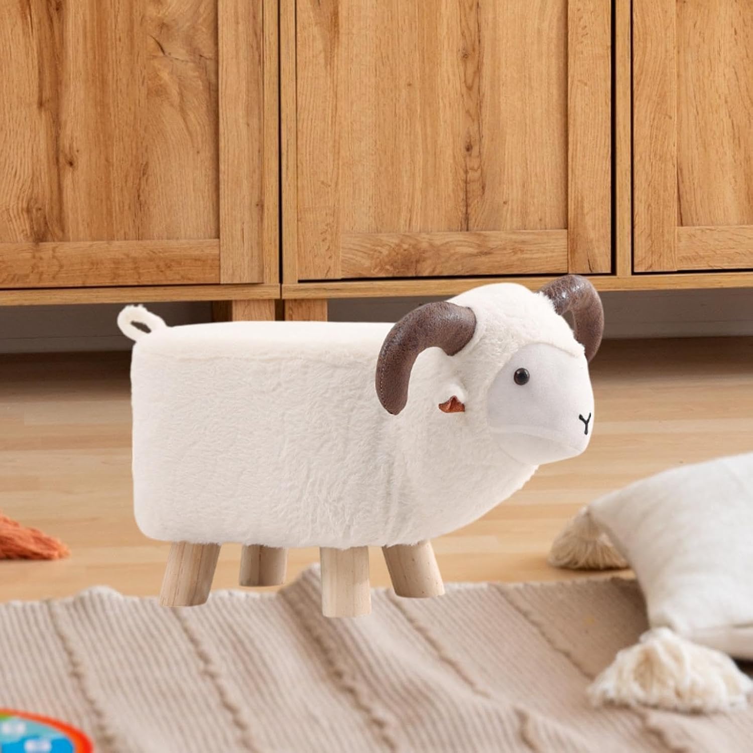 Animal Footstool Teddy Velvet Wood Legs Non-Slip Feet Ottoman Stool for Playroom Living Room Entryway 19.69x8.66x11.02 inch- White