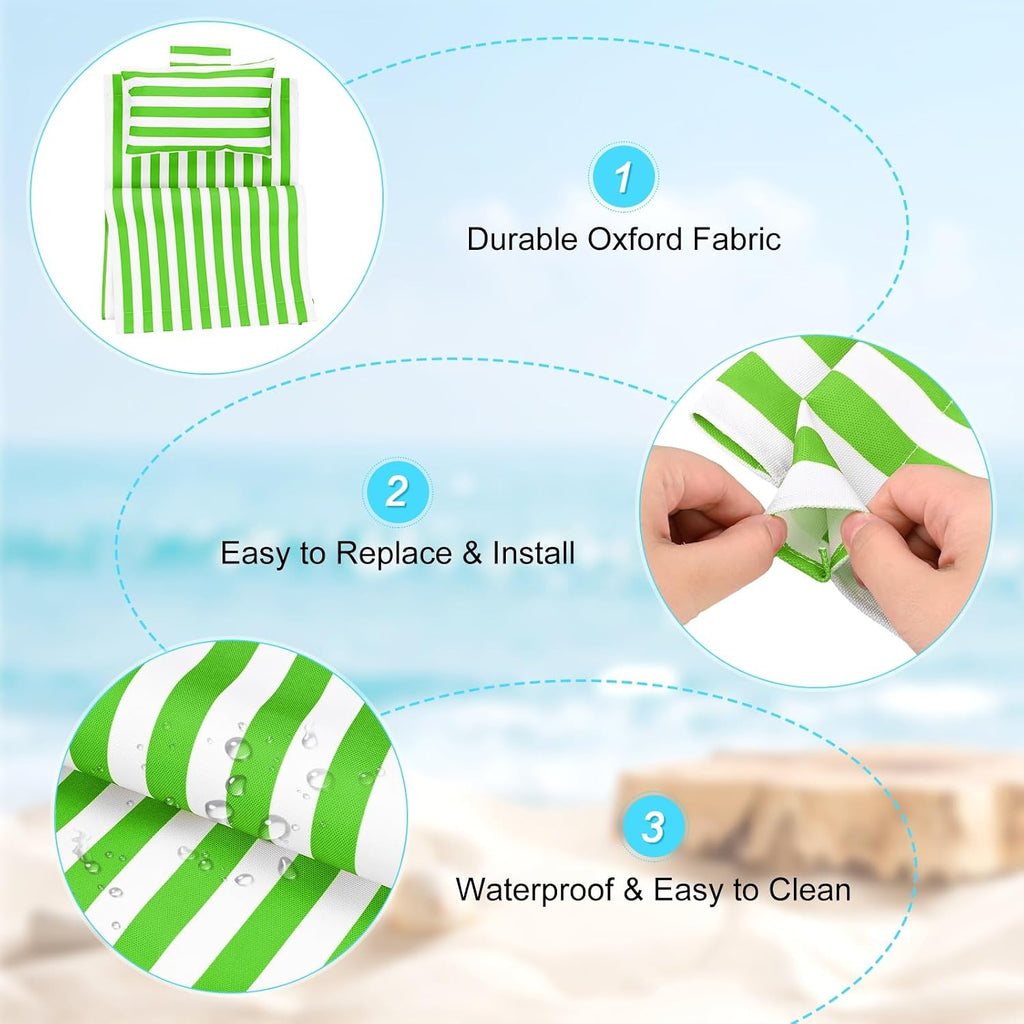 Beach Sling Chair Replacement Canvas, 16x44.5 Inch Folding Lounge Chair Fabric with Pillow for Beach/Sunbathing/Courtyard/Garden [Pinstripe Green, Only Replacement]