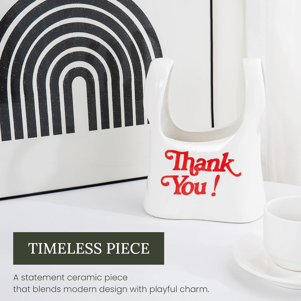 Handmade Ceramic Bag Flower Vase with Red “Thank You” Print | Glossy White Purse Vase for Modern Home Decor, Mantel, Kitchen, Living Room, Table Centerpiece