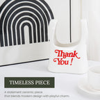 Handmade Ceramic Bag Flower Vase with Red “Thank You” Print | Glossy White Purse Vase for Modern Home Decor, Mantel, Kitchen, Living Room, Table Centerpiece