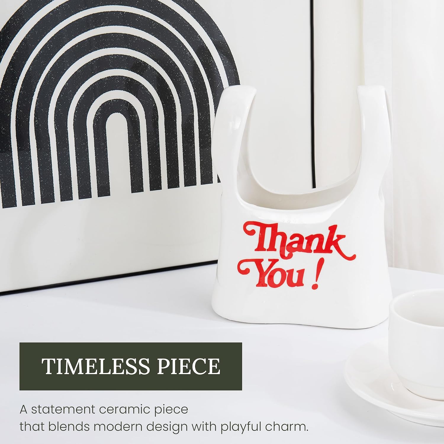 Handmade Ceramic Bag Flower Vase with Red “Thank You” Print | Glossy White Purse Vase for Modern Home Decor, Mantel, Kitchen, Living Room, Table Centerpiece
