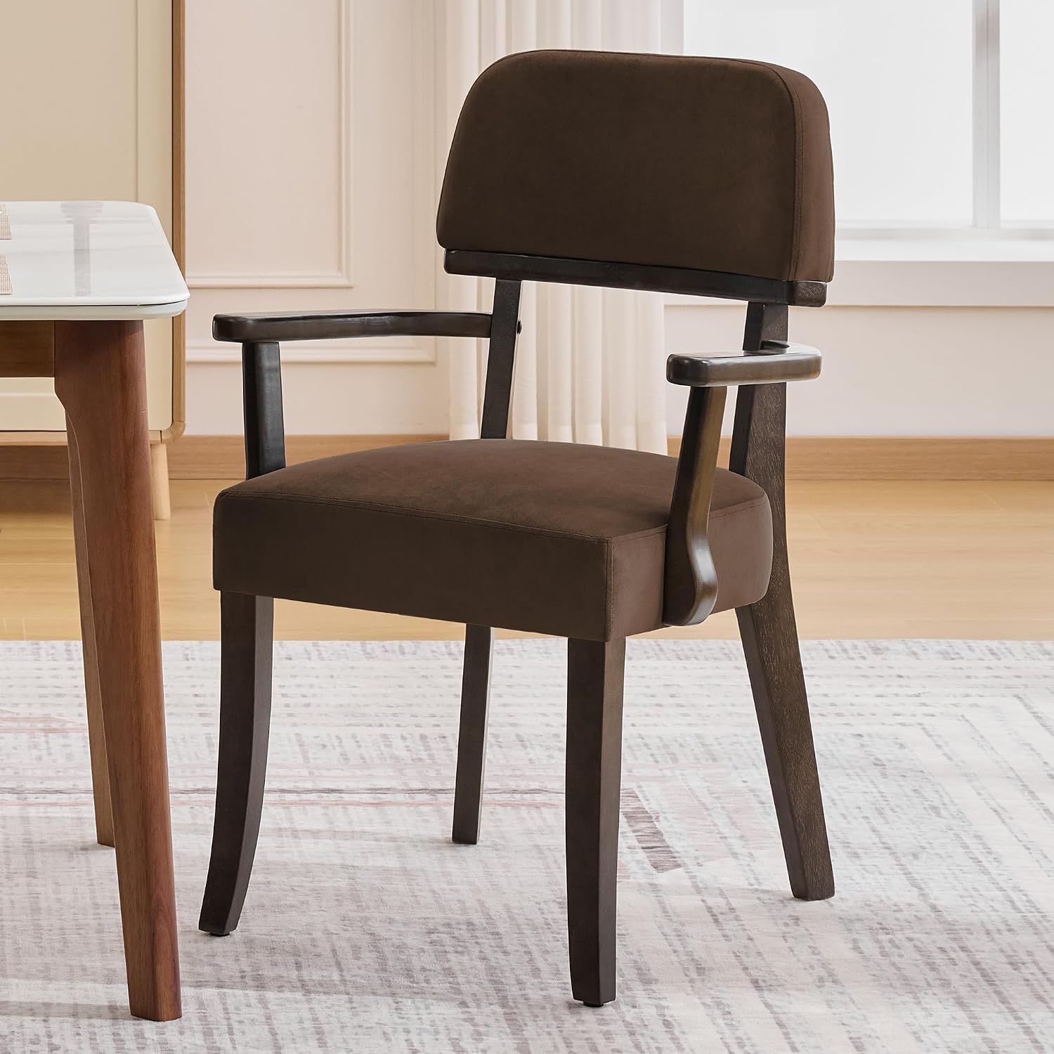 adochr Modern Wood Dining Chairs with Arms, Velvet Upholstered Kitchen Chairs with Open Curved Backrest & Hardwood Legs, Accent Chairs 350 LBS Capacity, Brown