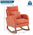 VINGLI Orange Linen Rocking Chair Nursery with Thick Headrest, Upholstered Mid-Century Modern Nursing Rocker Glider with Curved Armrest, Sturdy Solid Wood Base for Living Room, Bedroom, Baby Room