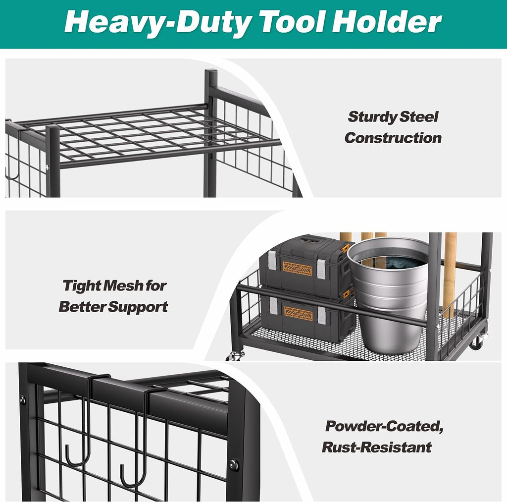EVERHANGER Garden Tool Organizer, Garage Tool Storage Organization, Yard Tool Racks with lockable wheels, Fit for Long-Handled Tools, Indoor/Outdoor Use