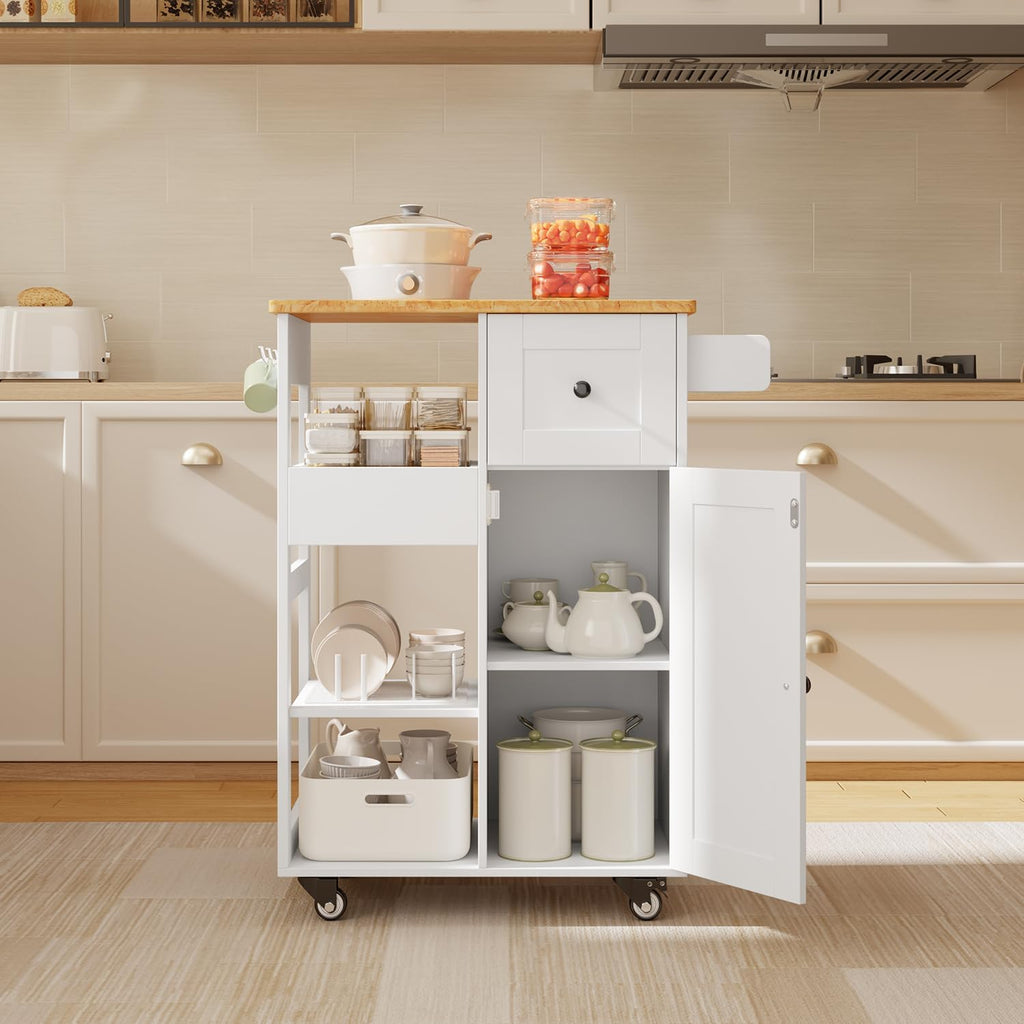 Gizoon Kitchen Island Cart on Wheels, Rolling Serving Utility Cart with Drawers and Doors, Bar Cart with Adjustable Shelf and Removable Tray for Dining Room, White, Tabletop-Oak Color