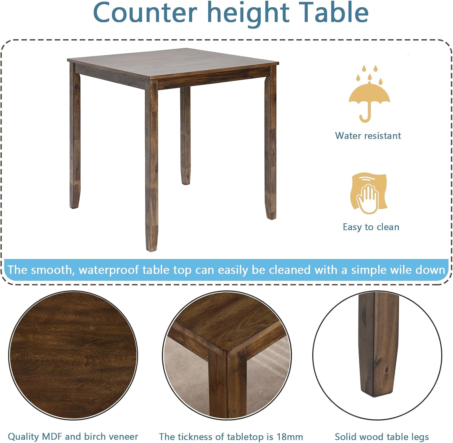 Merax Farmhouse Dining Table Set for 4, Counter Height Kitchen Table Set with Square Table and 4 Upholstered Chairs for Kitchen, Dining Room, Small Space, Walmut