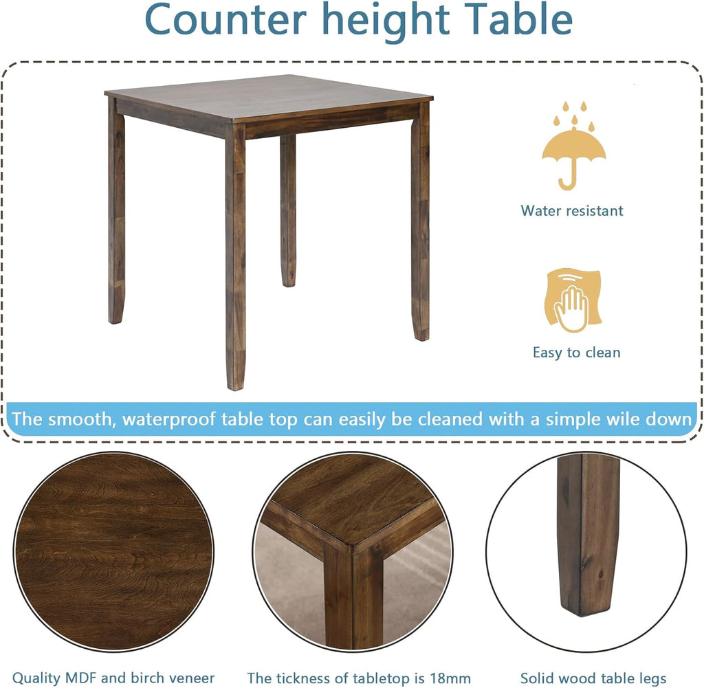 Merax Farmhouse Dining Table Set for 4, Counter Height Kitchen Table Set with Square Table and 4 Upholstered Chairs for Kitchen, Dining Room, Small Space, Walmut