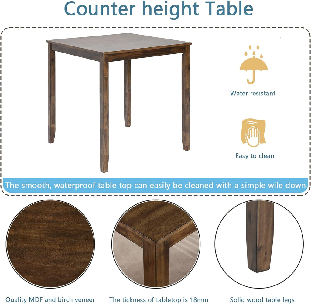 5 Piece Dining Table Set for 4, Solid Wood Square Dining Table Set, Counter Height Kitchen Table Set with Square Table and 4 Upholstered Chairs, X-shaped Backrest for Small Space, Walnut