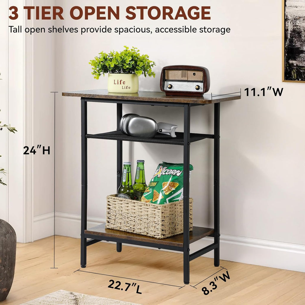 3-Tier Side Table for Living Room, Narrow End Table for Small Spaces with Wide Storage Tabletop,Rustic Brown Slim Couch Side Table Nightstand for Bedroom, Sofa