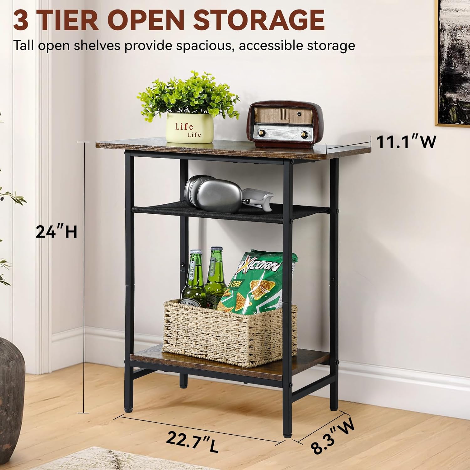 3-Tier Side Table for Living Room, Narrow End Table for Small Spaces with Wide Storage Tabletop,Rustic Brown Slim Couch Side Table Nightstand for Bedroom, Sofa