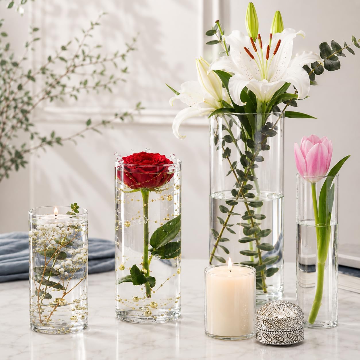60pcs Glass Vase Cylinder Vases for Centerpieces 4,6,7.5,8,10 Inch Tall Small Flower Glass Vases Home Decor Centerpiece Table Clear Flower Vase Decorations for Wedding＆Holiday