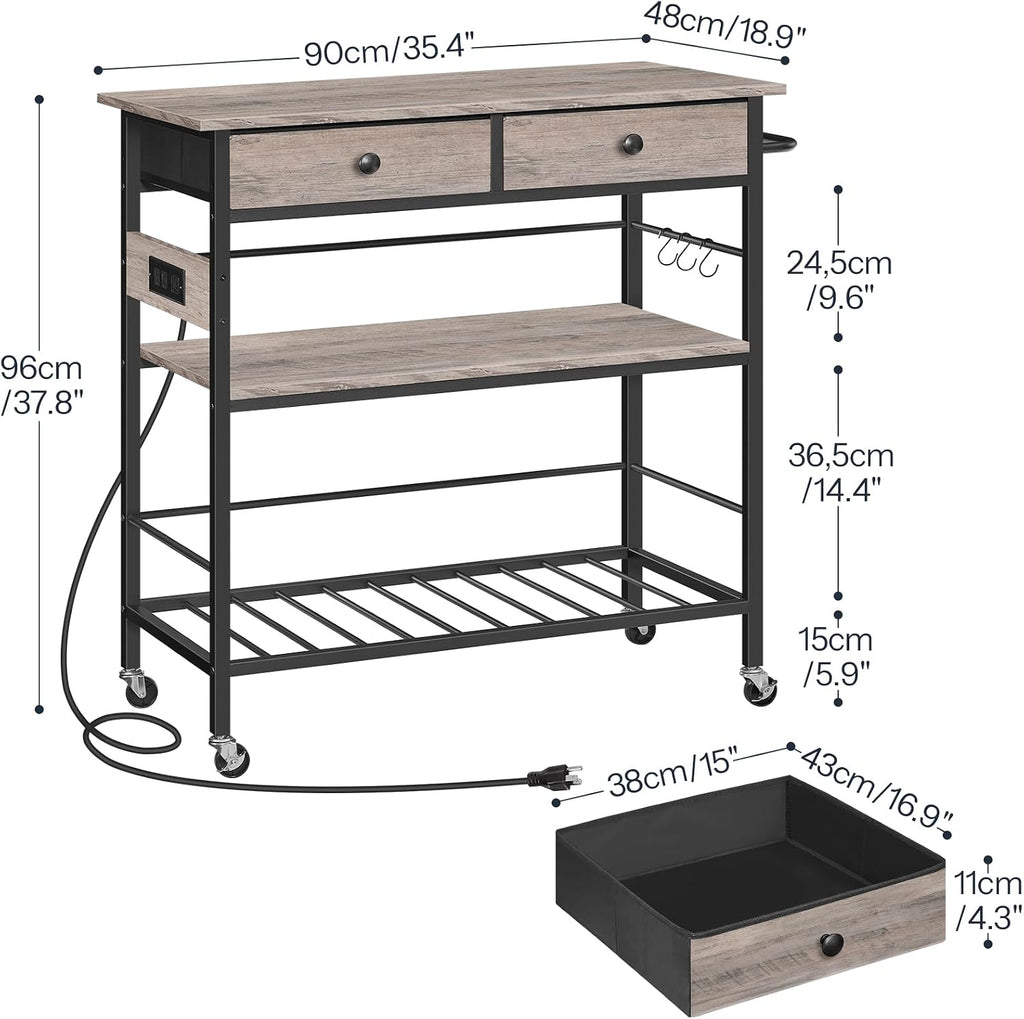 HOOBRO Kitchen Island with Storage, Rolling Island Cart for Kitchen with 2 Drawers & Outlet, 3 Tier Coffee Station and Microwave Stand, Kitchen Island Table for Home, Greige BG08UZD01