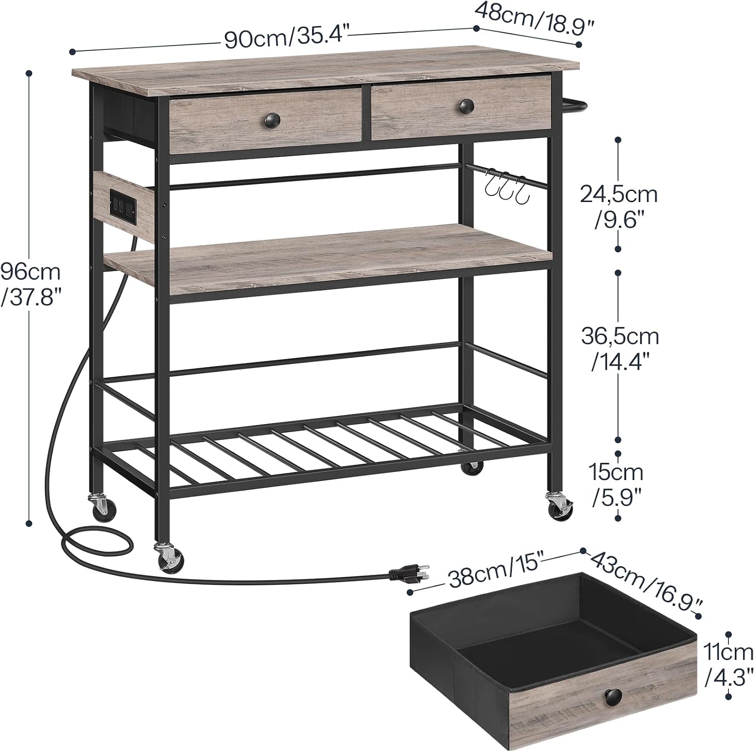 HOOBRO Kitchen Island with Storage, Rolling Island Cart for Kitchen with 2 Drawers & Outlet, 3 Tier Coffee Station and Microwave Stand, Kitchen Island Table for Home, Greige BG08UZD01