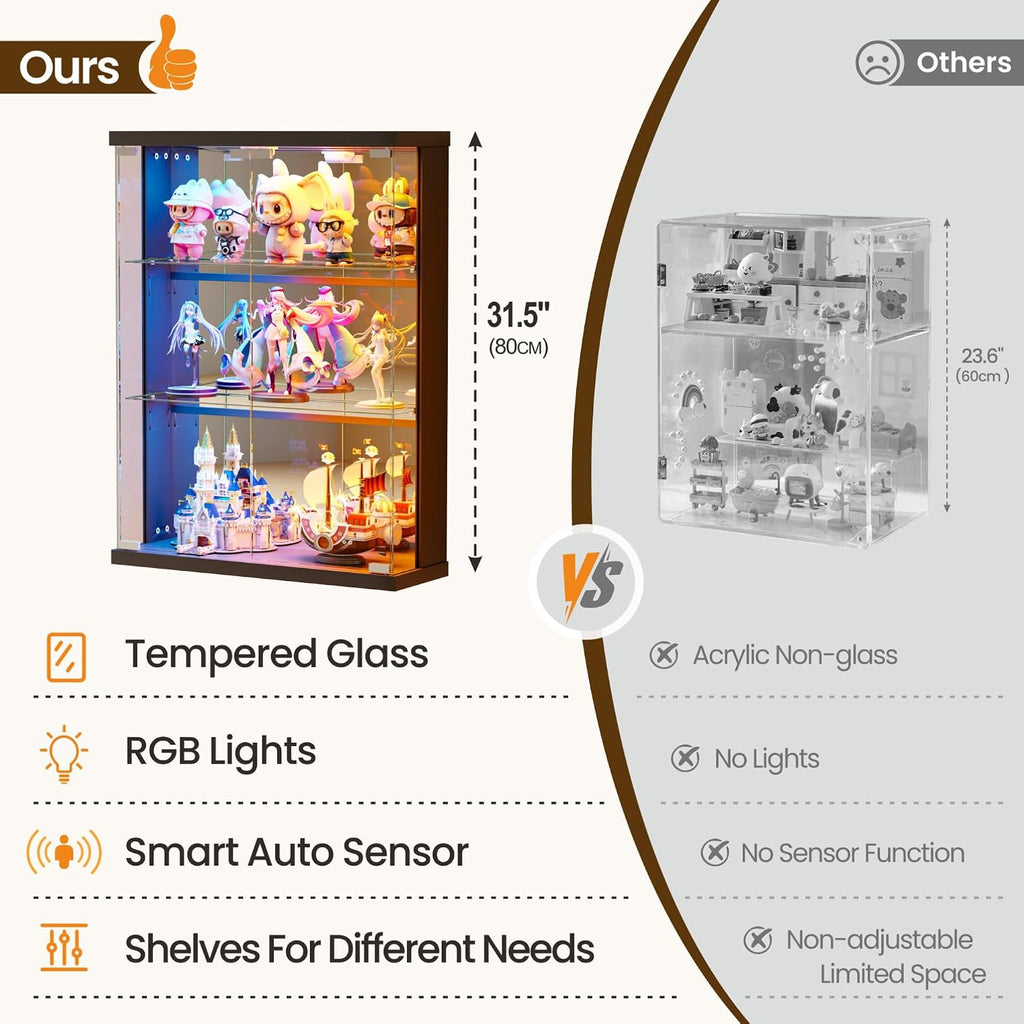 Wall Display Case with Glass Doors - RGB Hanging Display Cabinet with Auto Sensor Lights, Glass Door Cabinet with Adjustable Shelves, Shot Glass Display Case for Collectibles, Figures, Cards (Black)