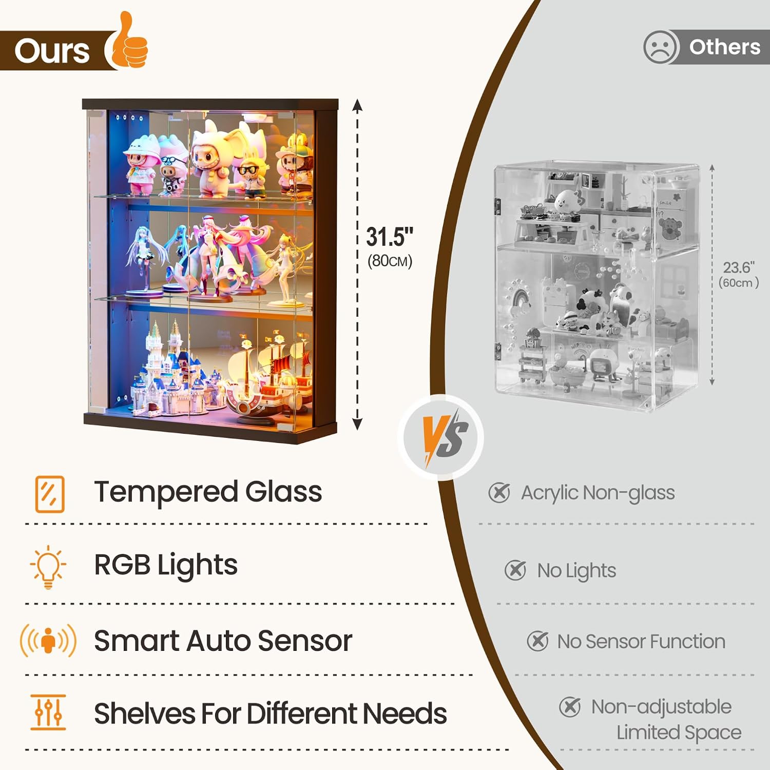 Wall Display Case with Glass Doors - RGB Hanging Display Cabinet with Auto Sensor Lights, Glass Door Cabinet with Adjustable Shelves, Shot Glass Display Case for Collectibles, Figures, Cards (Black)