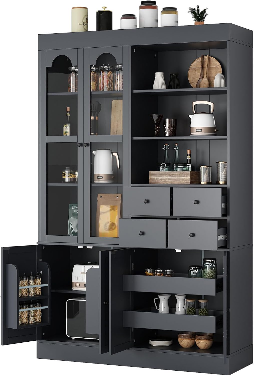 75" Tall Kitchen Pantry Cabinet, Blue Kitchen Storage Cabinets with Doors & Adjustable Shelves, Freestanding Pantry Cabinet with Drawers, Pantry Cupboard for Dining Room Living Room (Gray, 75inch)