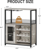 GarveeHome 3-Tier Wine Bar Cabinet with LED Lights & Wine Rack, Liquor Cabinet with Storage, Coffee Bar Cabinet with Glass Holder & Mesh Door, Sideboard Buffet Bar for Living Room, Dining Room, Grey