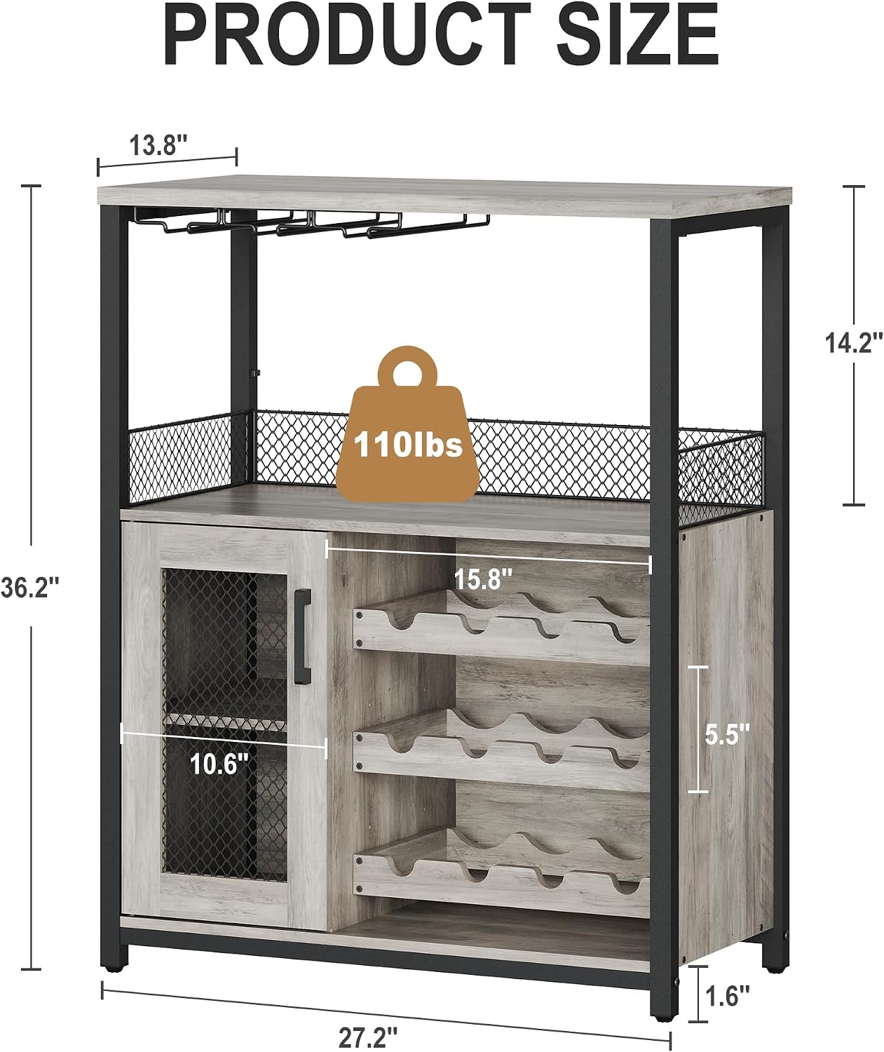 GarveeHome 3-Tier Wine Bar Cabinet with LED Lights & Wine Rack, Liquor Cabinet with Storage, Coffee Bar Cabinet with Glass Holder & Mesh Door, Sideboard Buffet Bar for Living Room, Dining Room, Grey
