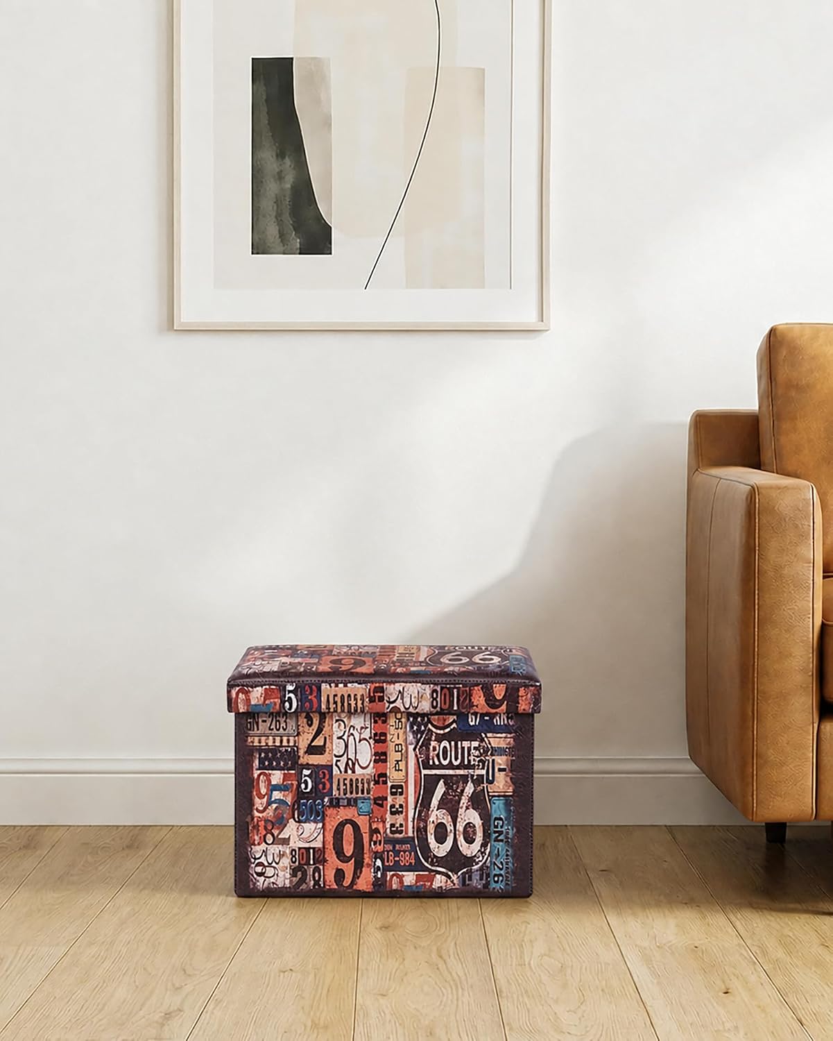 B FSOBEIIALEO Route 66 Storage Ottoman Bench, Faux Leather Foot Rest Seat for Living Room, Storage Organizer 16.54"x12.6"x12.6"